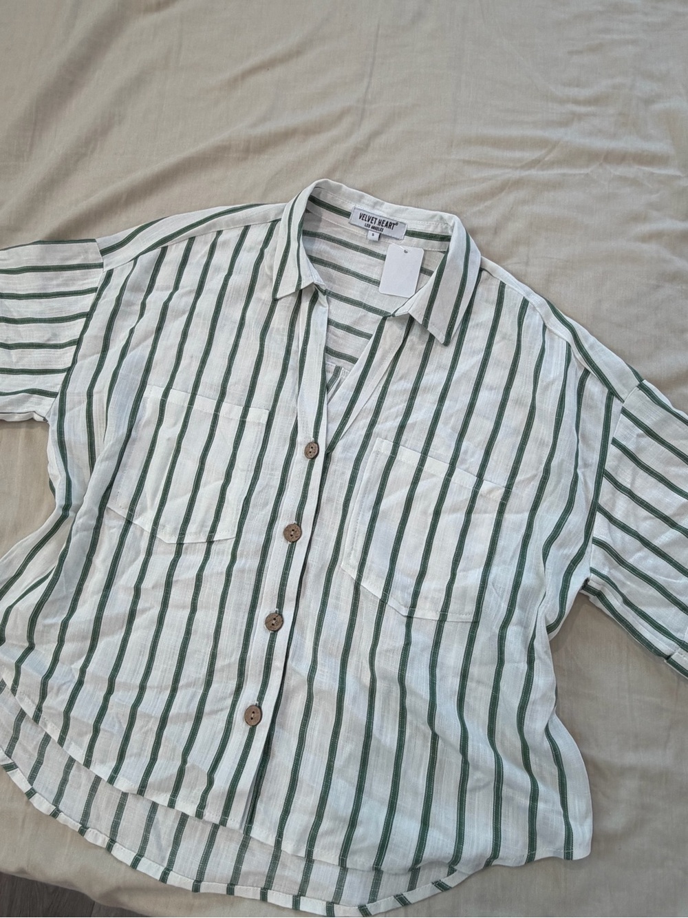 Velvet Heart White and Green Vertical Stripe Short Sleeve Button Shirt - Picture 3 of 3